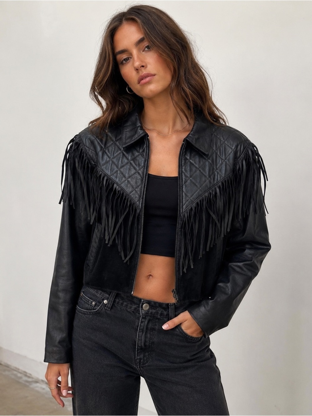 Just Joshua Vintage Black Leather Fringe Jacket Medium Quilted Western Moto
